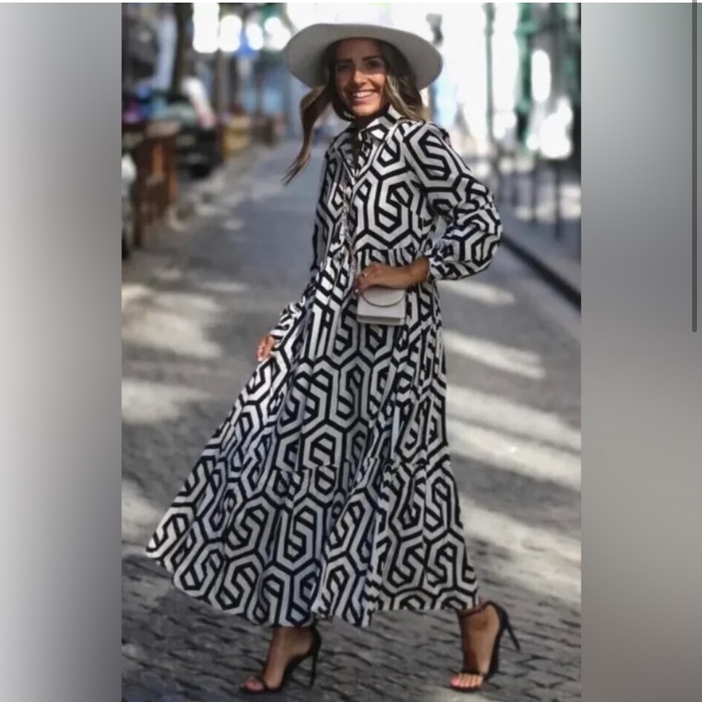 ZARA black ecru geometric print cotton tiered midi dress 3/4 sleeve